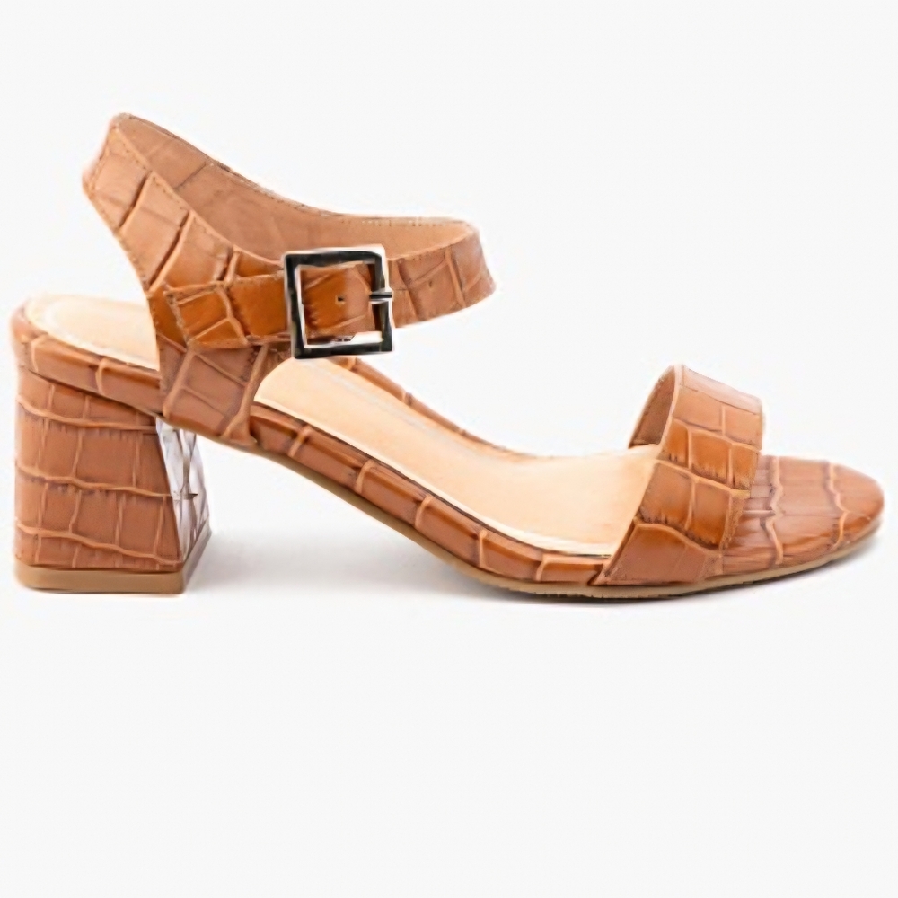 London Rebel open toe heeled sandal cognac brown patent leather croc embossed 7